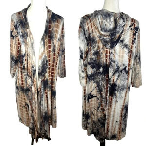 COIN 1904 Tie Dye Batik Lagenlook Hooded Duster Waterfall Open Shawl Cardigan
